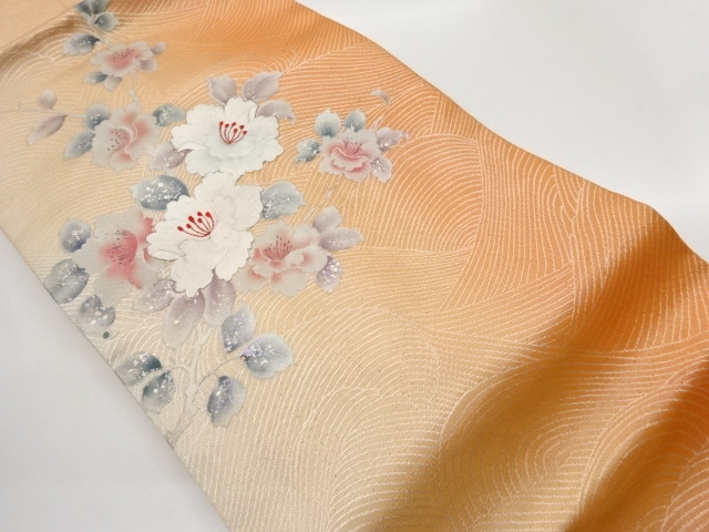 銀彩山茶花模様刺繍名古屋帯